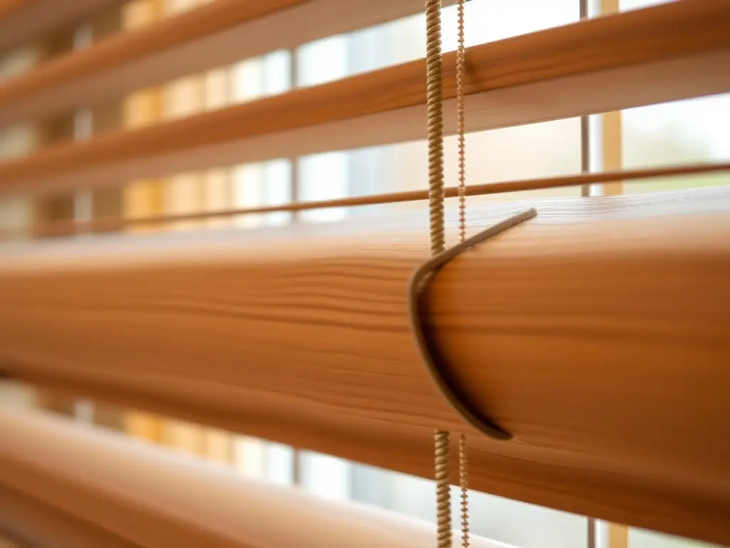 A close-up shot showcasing the intricate details and high-quality materials of ShadeWave's wooden blinds, highlighting the rich wood grain and smooth finish.