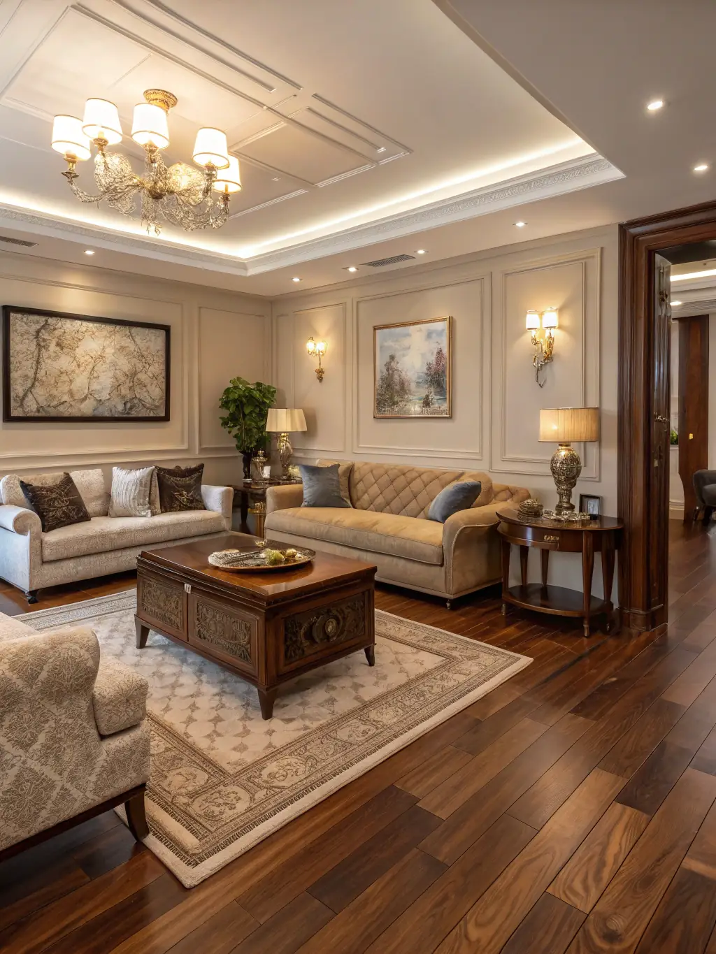 A luxurious living room featuring natural wooden shutters, emphasizing their timeless elegance and ability to provide excellent insulation and light control.