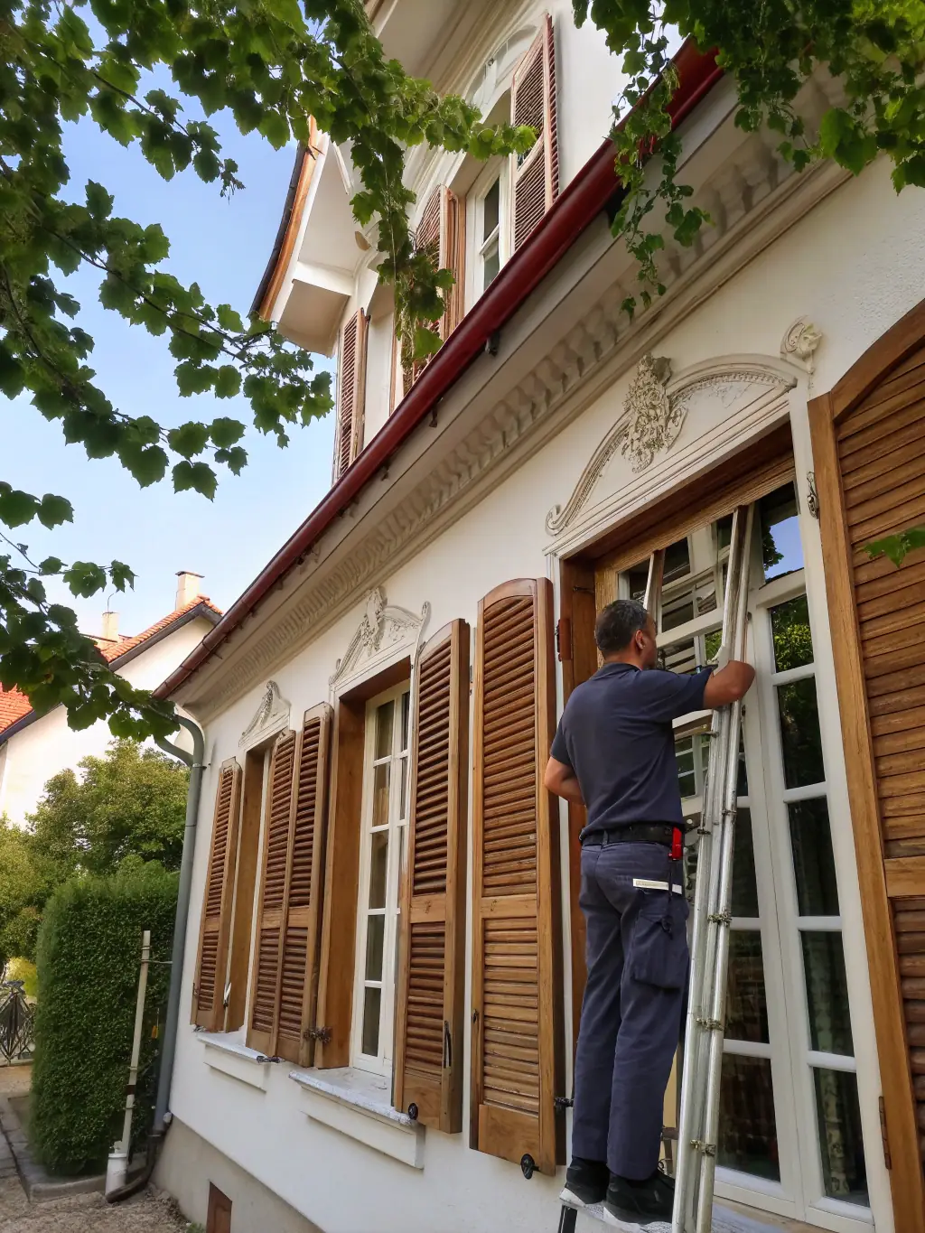 A picture of custom-designed shutters perfectly fitted to a unique window shape, showcasing the tailored style and craftsmanship.