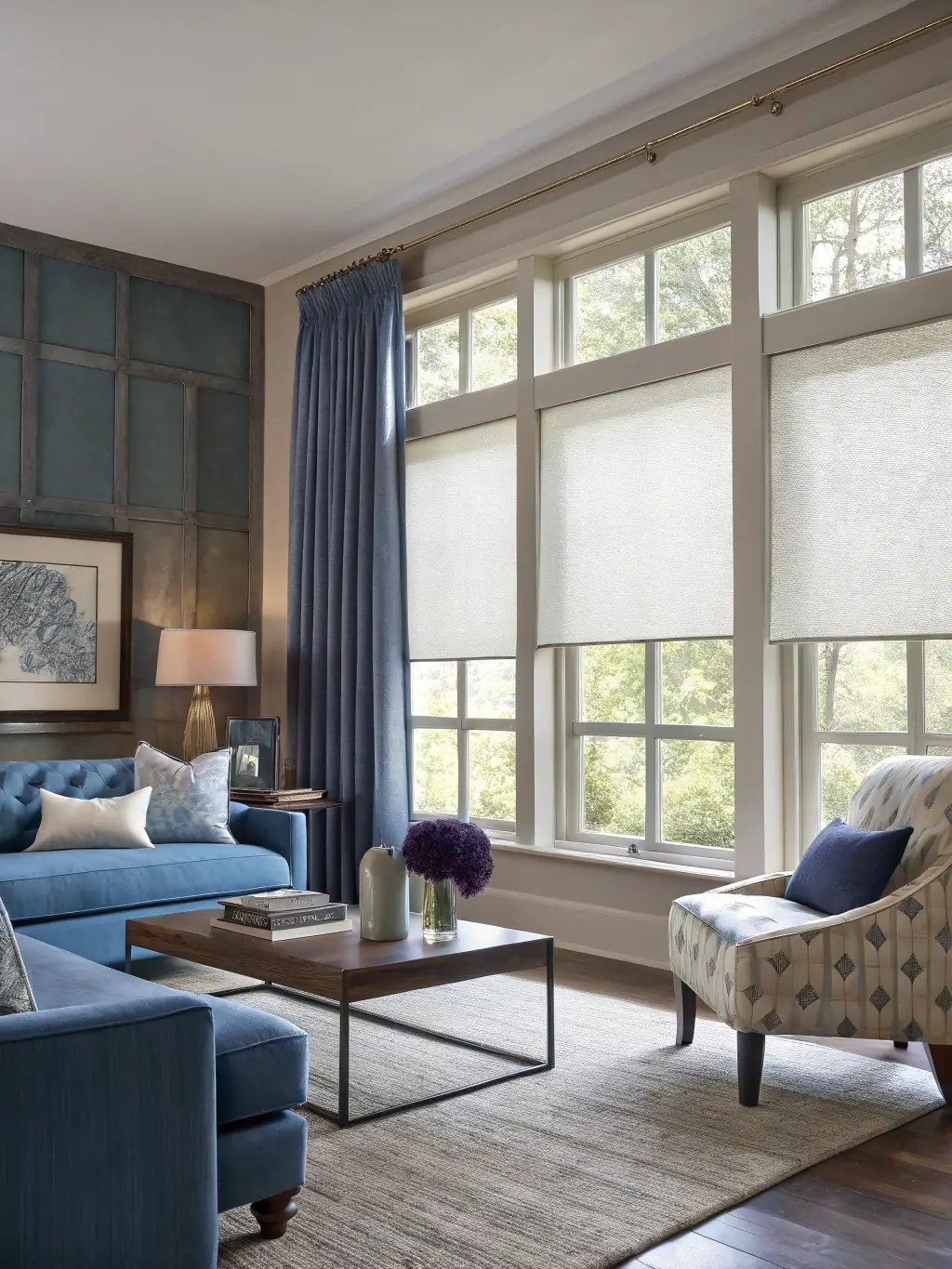 A close-up shot of elegant, light-filtering sheer shades in a modern living room, highlighting the soft, diffused light and privacy they provide.
