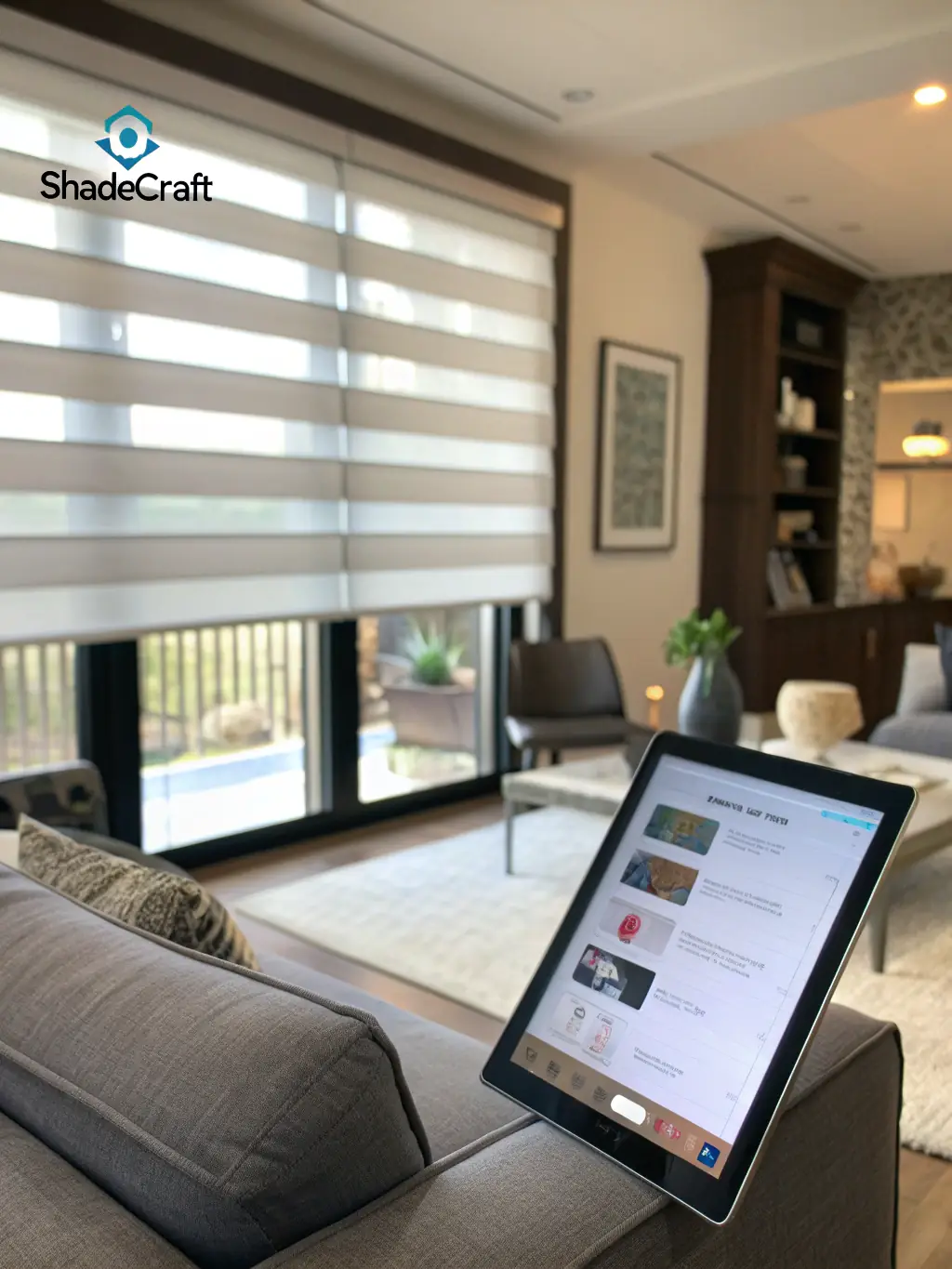 A sleek, modern living room featuring motorized shades being controlled via a smartphone app, highlighting the convenience and smart home integration.
