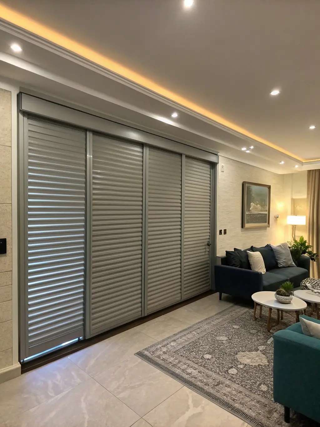 A modern smart home featuring motorized shutters, showcasing their convenience and integration with smart home systems for easy light and privacy control.