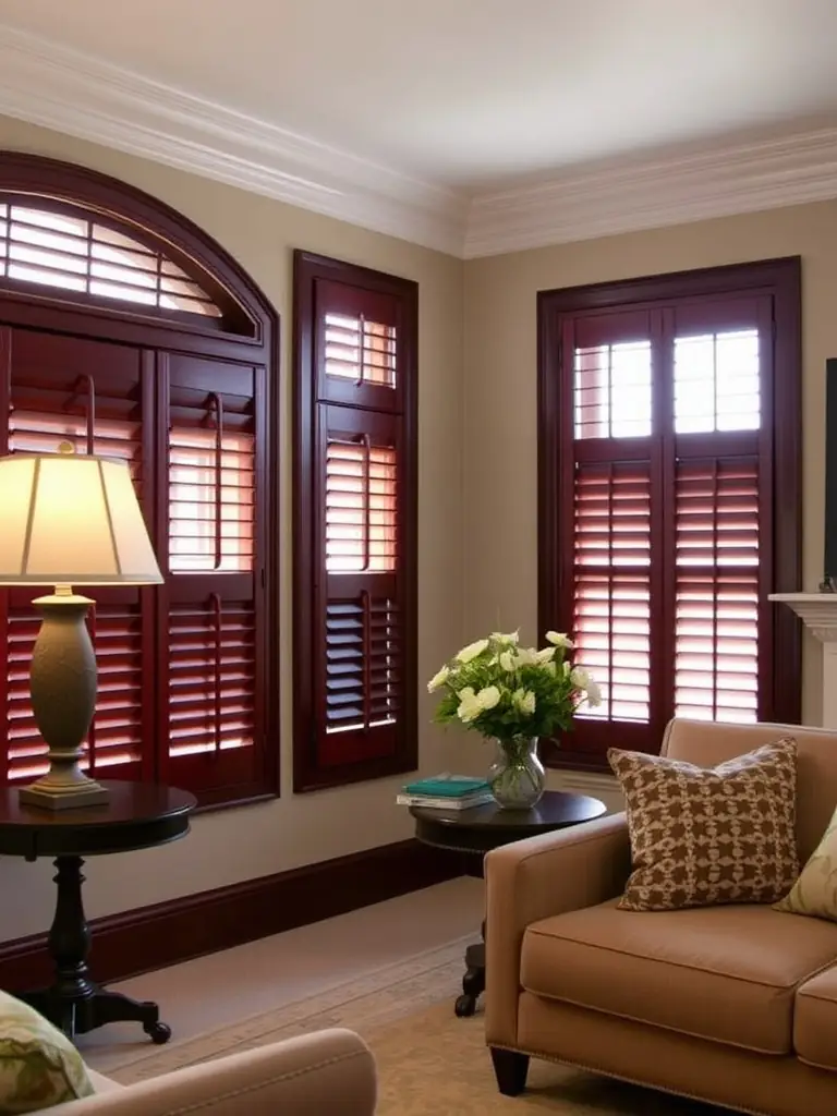A detailed shot of composite shutters in a living room, highlighting their resistance to temperature changes and their ability to mimic the look of real wood.